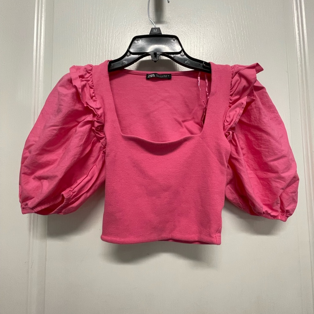 Zara Vibrant Pink Puff Sleeve Crop-Top Blouse